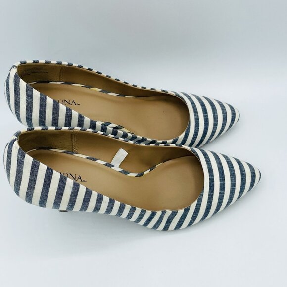 Merona Shoe Womens Size 7 Blue Striped Heels Stiletto Pointy Toe Slip On Comfort - Picture 3 of 11
